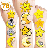 78PCS Moon Temporary Tattoos Themed Space Birthday Party Decorations Supplies Favors Decor Sun Moon Stars Temporary Tattoos Stickers Cute Gifts for Kids Boys Girls Prizes Rewards